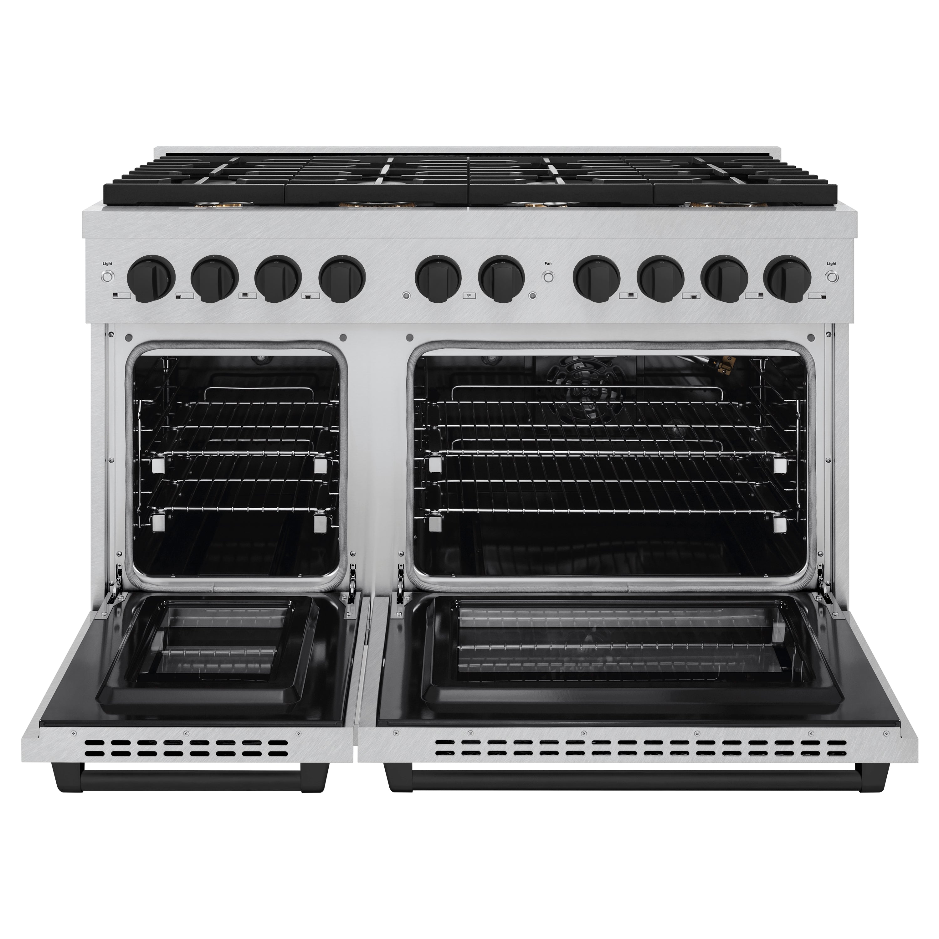 ZLINE Autograph Edition 48 in. 6.7 cu. ft. Paramount Double Oven Gas Range with 8 Burner Cooktop in Satin Stainless Steel and Matte Black Accents (SGRSZ-48-MB)