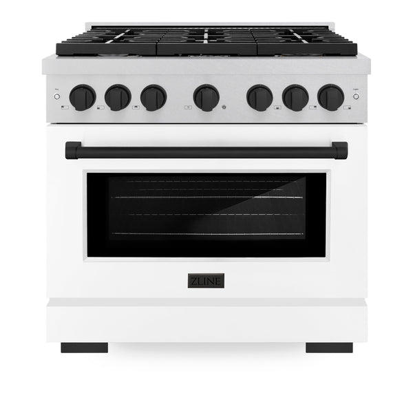 ZLINE Autograph Edition 36 in. 5.2 cu. ft. 6 Burner Gas Range with Convection Gas Oven in DuraSnow® Stainless Steel with White Matte Door and Matte Black Accents (SGRSZ-WM-36-MB)