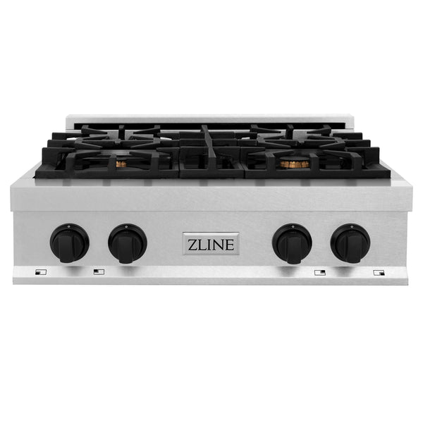 ZLINE Autograph Edition 30 in. Legacy Gas Rangetop with 4 Burners and Porcelain Cooktop in Satin Stainless Steel with Matte Black Accents (RTSZ-30-MB)