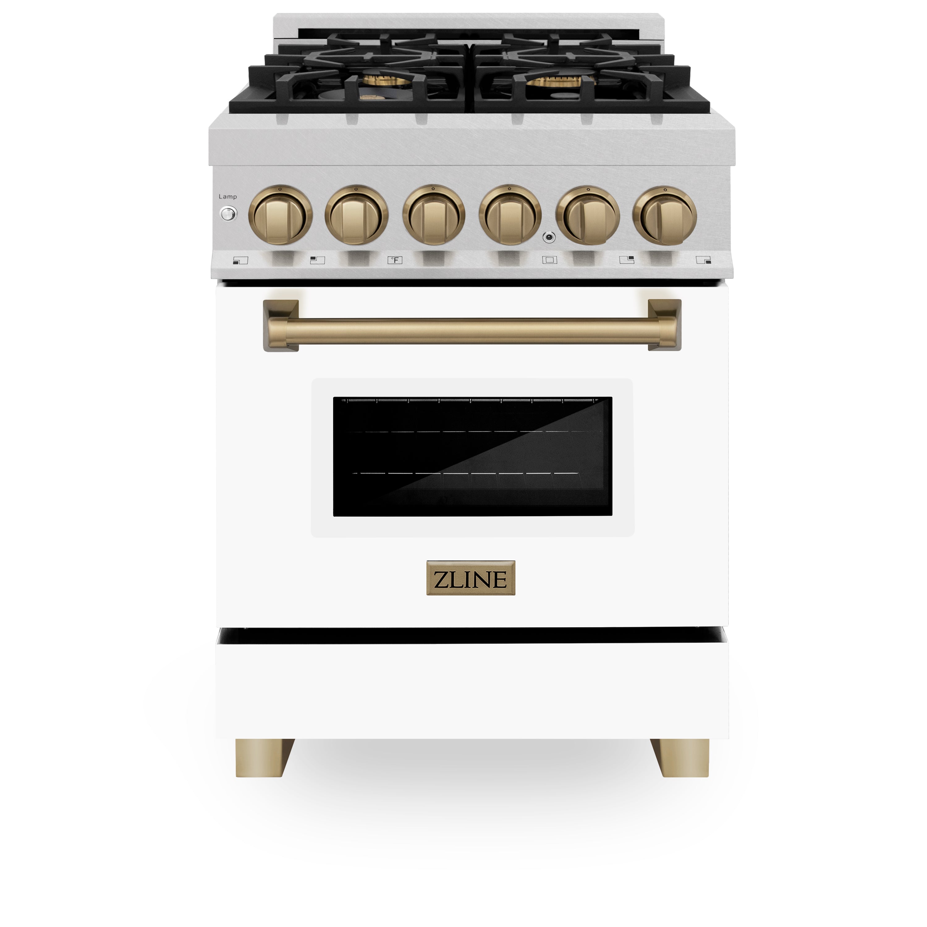 ZLINE Autograph Edition 24 in. 2.8 cu. ft. Legacy Dual Fuel Range with 4 Burner Gas Cooktop and Electric Convection Oven in Satin Stainless Steel with White Matte Door and Champagne Bronze Accents (RASZ-WM-24-CB)