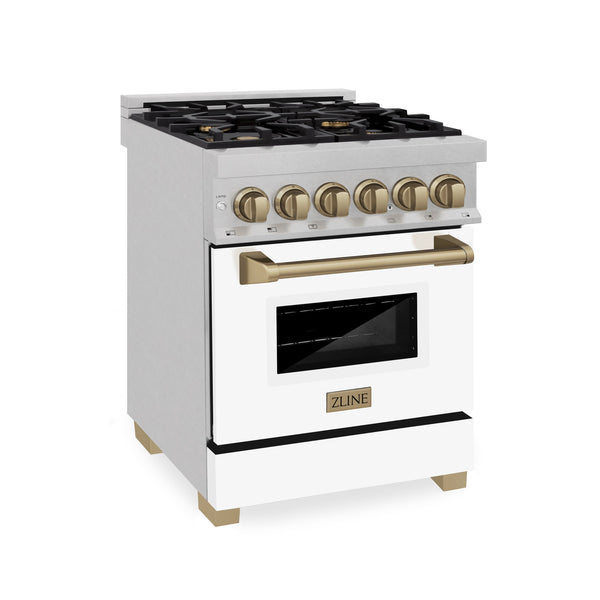 ZLINE Autograph Edition 24 in. 2.8 cu. ft. Legacy Dual Fuel Range with 4 Burner Gas Cooktop and Electric Convection Oven in Satin Stainless Steel with White Matte Door and Champagne Bronze Accents (RASZ-WM-24-CB)