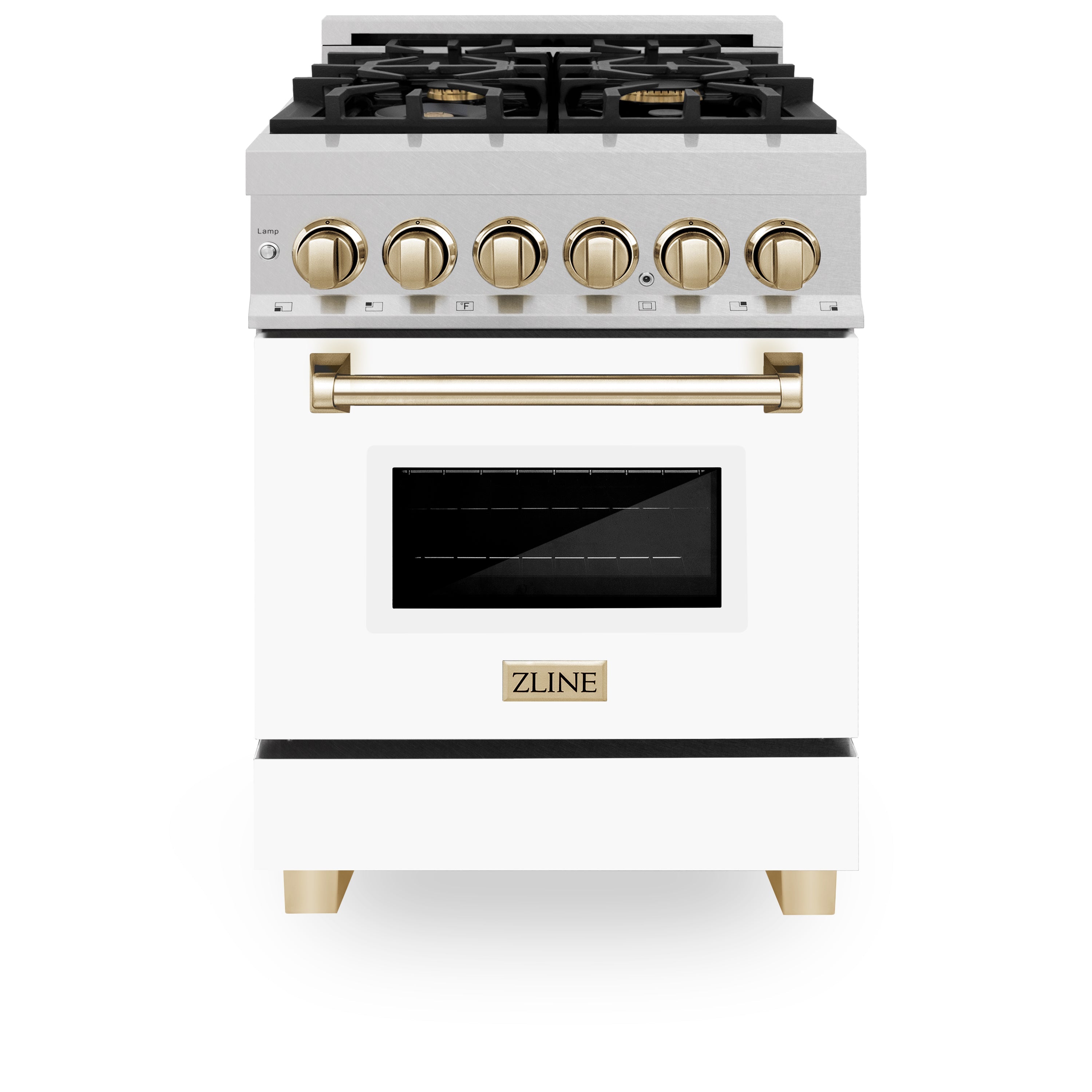 ZLINE Autograph Edition 24 in. 2.8 cu. ft. Legacy Dual Fuel Range with 4 Burner Gas Cooktop and Electric Convection Oven in Satin Stainless Steel with White Matte Door and Polished Gold Accents (RASZ-WM-24-G)