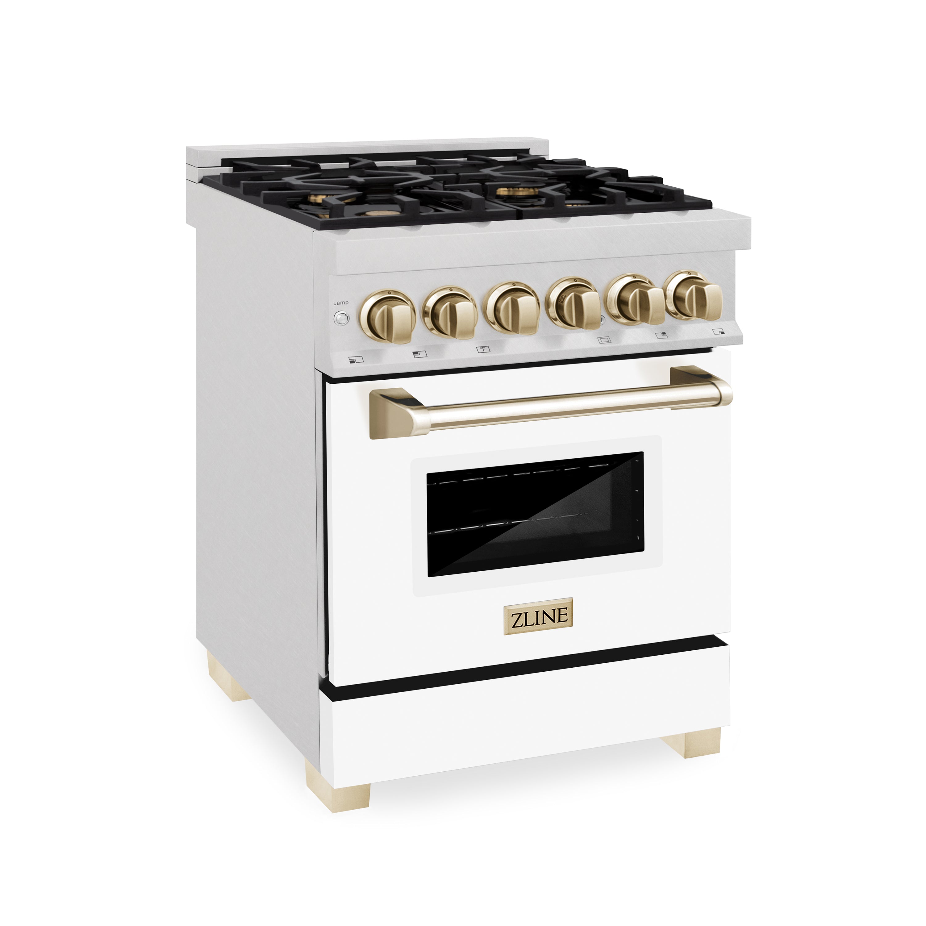 ZLINE Autograph Edition 24 in. 2.8 cu. ft. Legacy Dual Fuel Range with 4 Burner Gas Cooktop and Electric Convection Oven in Satin Stainless Steel with White Matte Door and Polished Gold Accents (RASZ-WM-24-G)