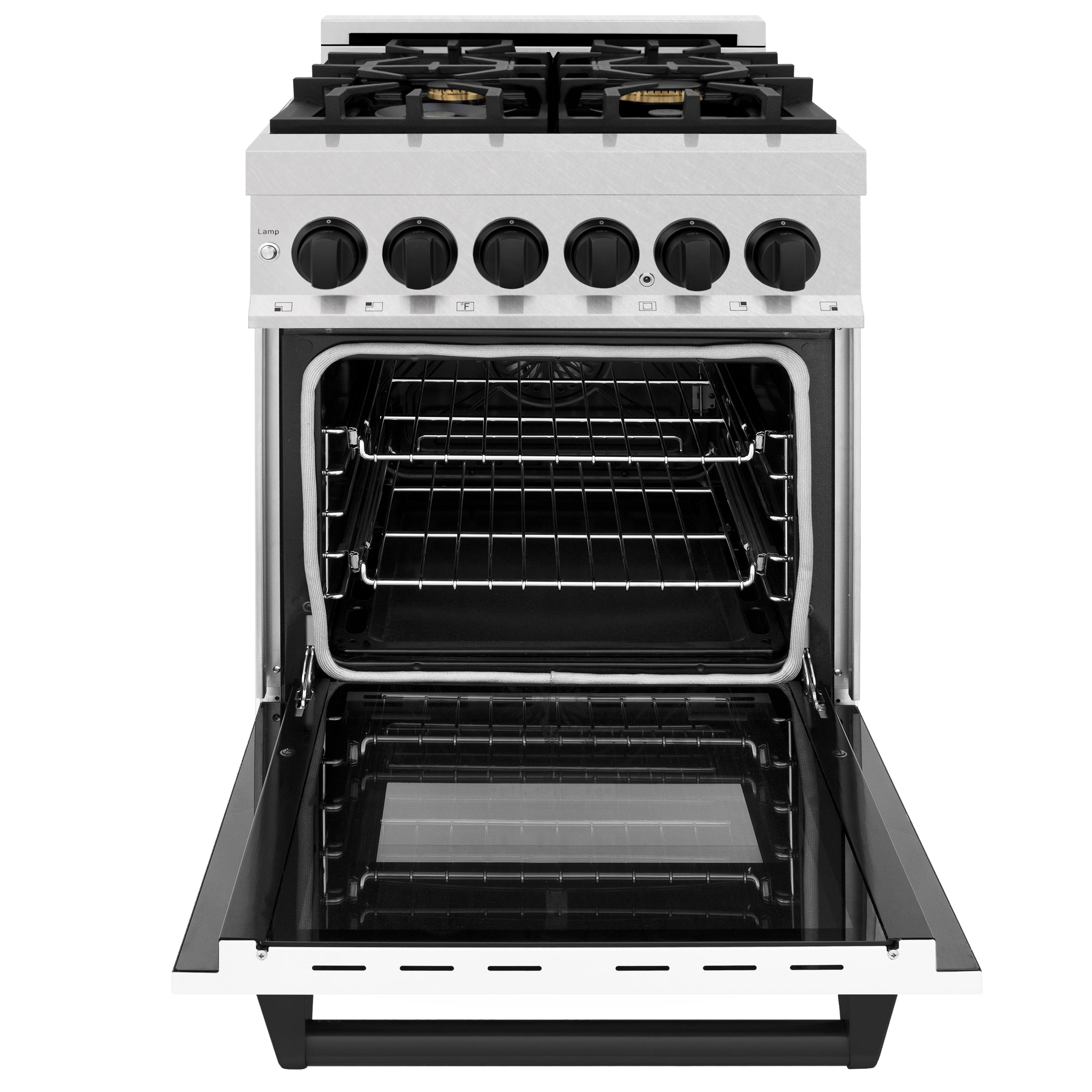 ZLINE Autograph Edition 24 in. 2.8 cu. ft. Legacy Dual Fuel Range with 4 Burner Gas Cooktop and Electric Convection Oven in Satin Stainless Steel with White Matte Door and Matte Black Accents (RASZ-WM-24-MB)