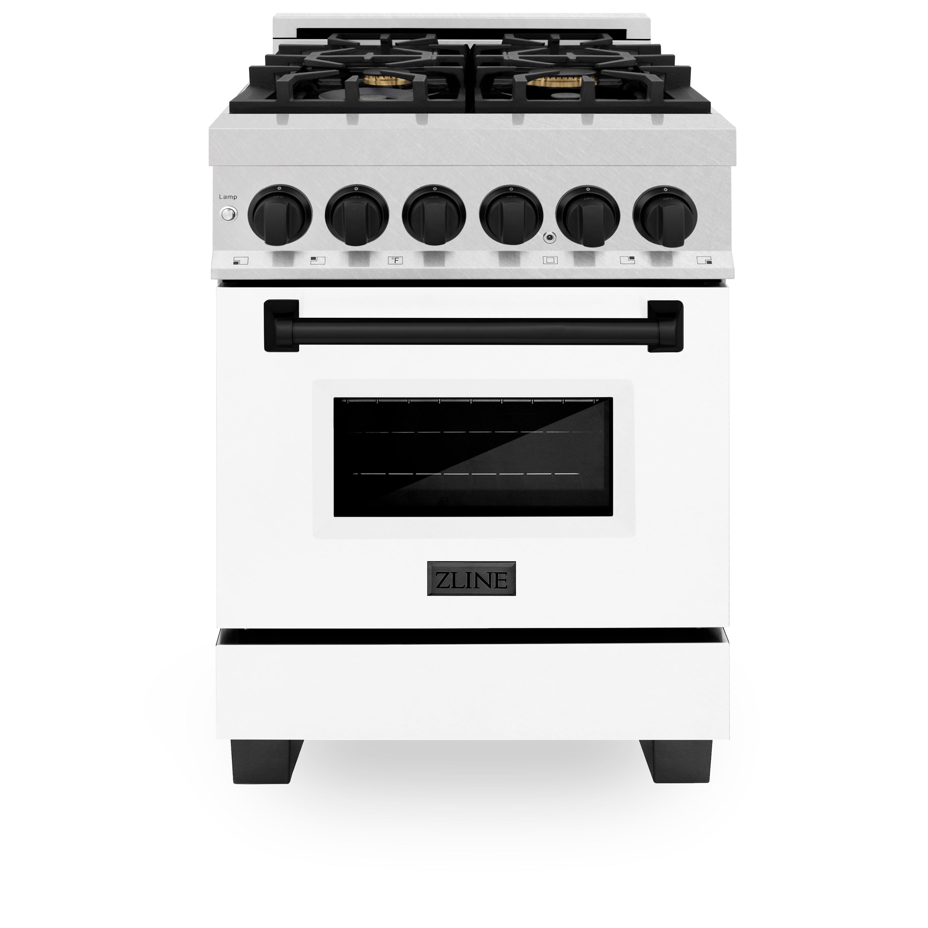 ZLINE Autograph Edition 24 in. 2.8 cu. ft. Legacy Dual Fuel Range with 4 Burner Gas Cooktop and Electric Convection Oven in Satin Stainless Steel with White Matte Door and Matte Black Accents (RASZ-WM-24-MB)
