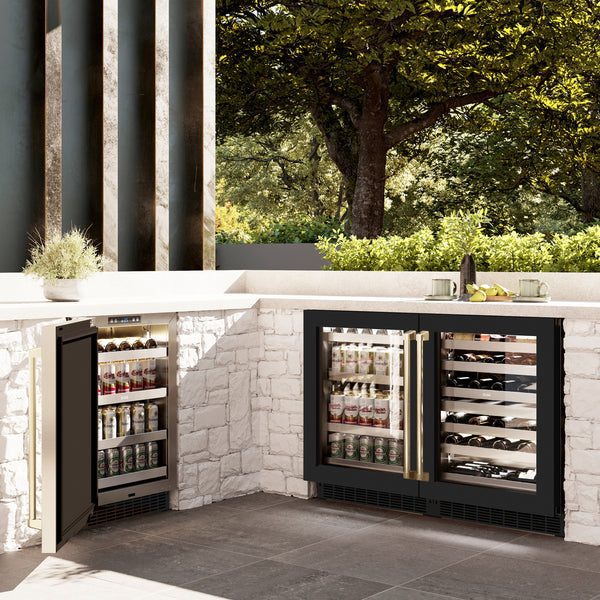ZLINE Autograph Edition 24 in. Touchstone Dual Zone 44 Bottle Wine Cooler With Black Matte Glass Door And Champagne Bronze or Gold Handle - RWDOZ-BLM-24