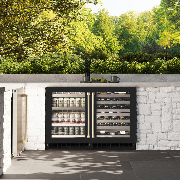 ZLINE Autograph Edition 24 in. Touchstone 151 Can Beverage Fridge With Black Matte Glass Door And Champagne Bronze or Gold Handle - RBSOZ-BLM-24