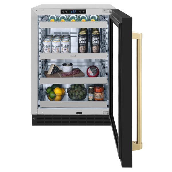 ZLINE Autograph Edition 24 in. Touchstone 151 Can Beverage Fridge With Black Matte Glass Door And Champagne Bronze or Gold Handle - RBSOZ-BLM-24