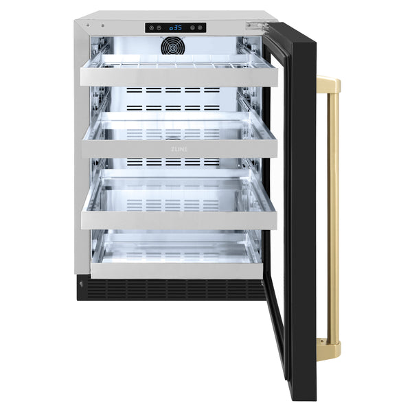 ZLINE Autograph Edition 24 in. Touchstone 151 Can Beverage Fridge With Black Matte Glass Door And Champagne Bronze or Gold Handle - RBSOZ-BLM-24