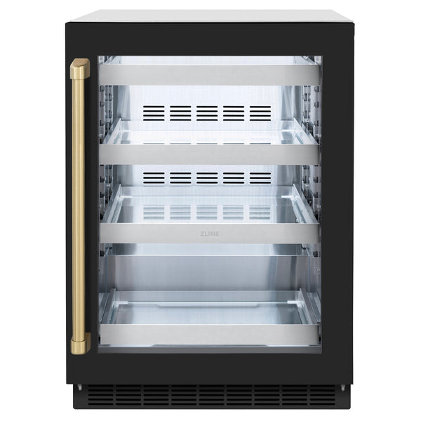 ZLINE Autograph Edition 24 in. Touchstone 151 Can Beverage Fridge With Black Matte Glass Door And Champagne Bronze or Gold Handle - RBSOZ-BLM-24