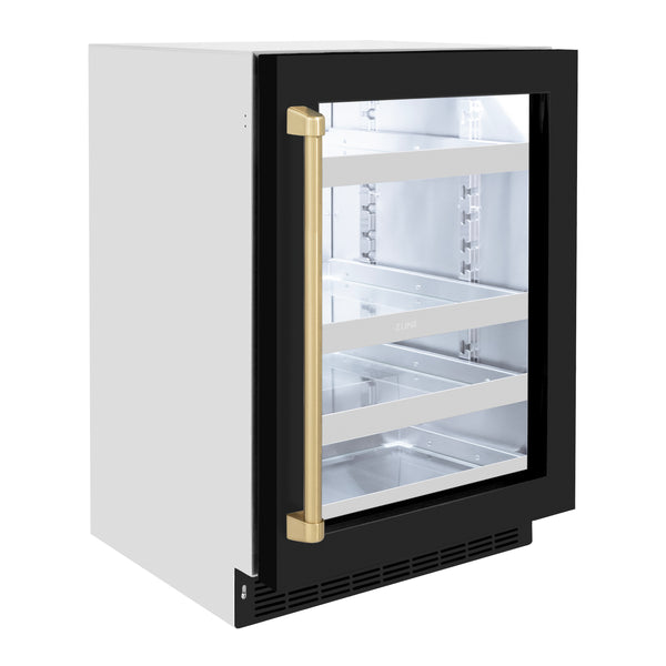 ZLINE Autograph Edition 24 in. Touchstone 151 Can Beverage Fridge With Black Matte Glass Door And Champagne Bronze or Gold Handle - RBSOZ-BLM-24