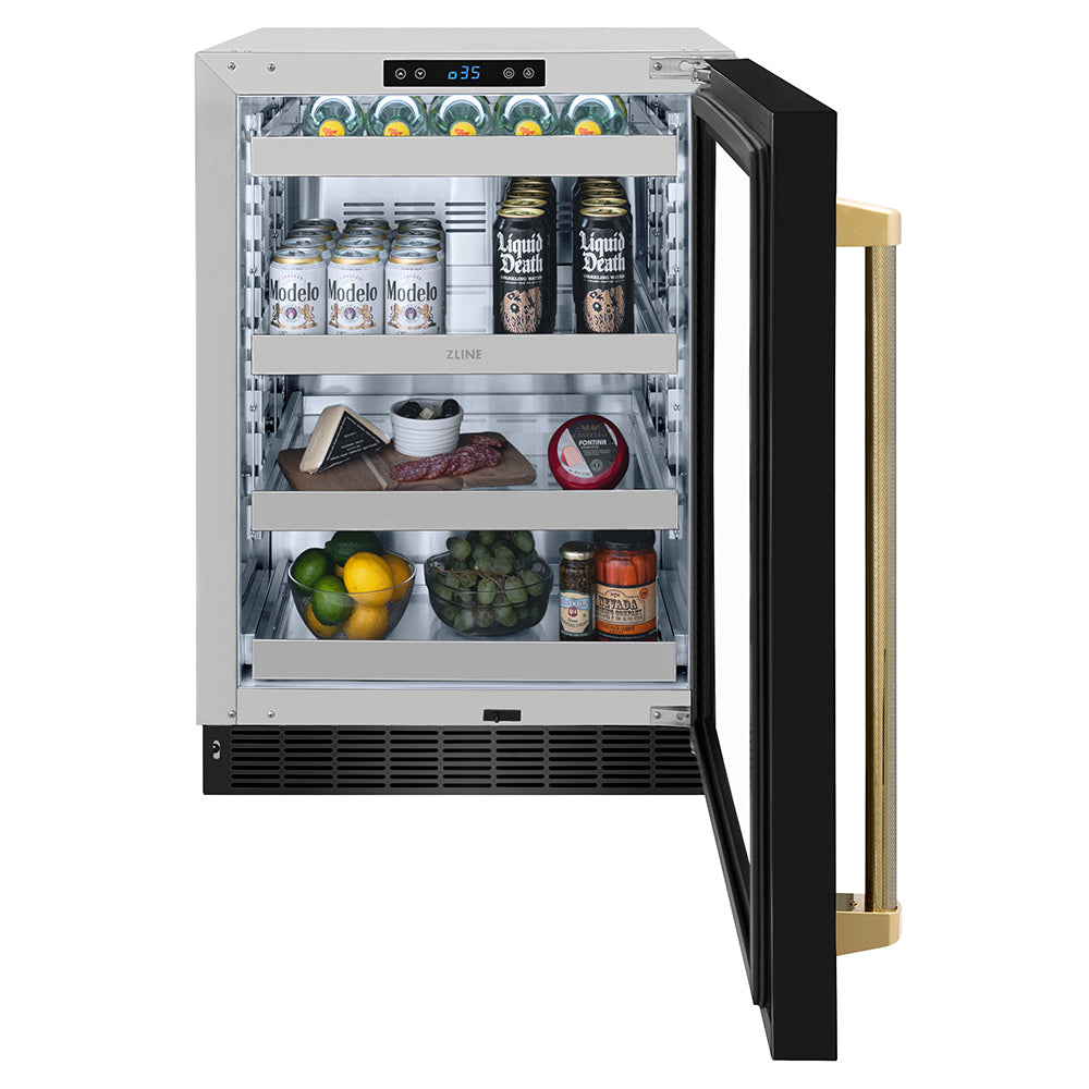 ZLINE Autograph Edition 24 in. Touchstone 151 Can Beverage Fridge with Black Stainless Steel Glass Door and Polished Gold Helix Handle (RBSOZ-BS-24-KG)