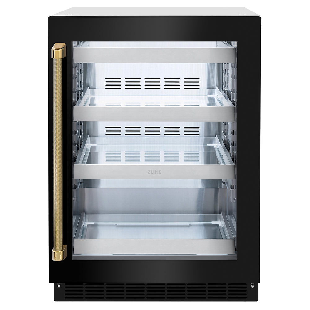ZLINE Autograph Edition 24 in. Touchstone 151 Can Beverage Fridge with Black Stainless Steel Glass Door and Polished Gold Helix Handle (RBSOZ-BS-24-KG)