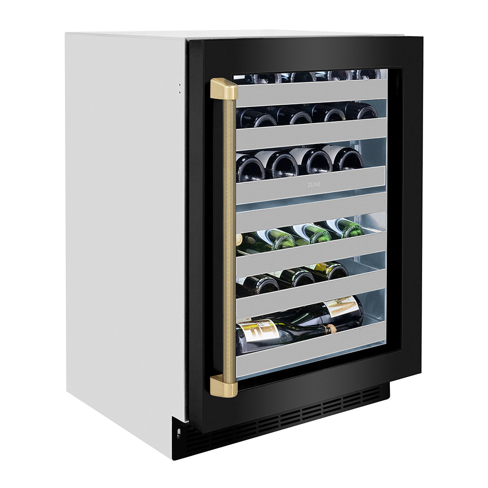 ZLINE Autograph Edition 24 in. Touchstone Dual Zone 44 Bottle Wine Cooler with Black Stainless Steel Glass Door and Champagne Bronze Helix Handle (RWDOZ-BS-24-KCB)