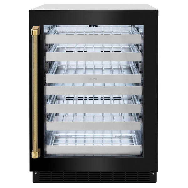 ZLINE Autograph Edition 24 in. Touchstone Dual Zone 44 Bottle Wine Cooler with Black Stainless Steel Glass Door and Polished Gold Helix Handle (RWDOZ-BS-24-KG)