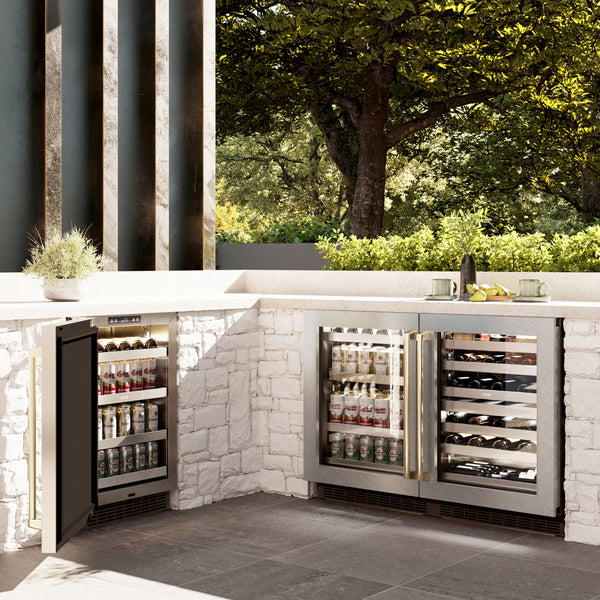 ZLINE Autograph Edition 24 in. Touchstone 151 Can Beverage Fridge With DuraSnow® Stainless Steel Glass Door And Champagne Bronze, Gold or Matte Black Handle - RBSOZ-SN-24