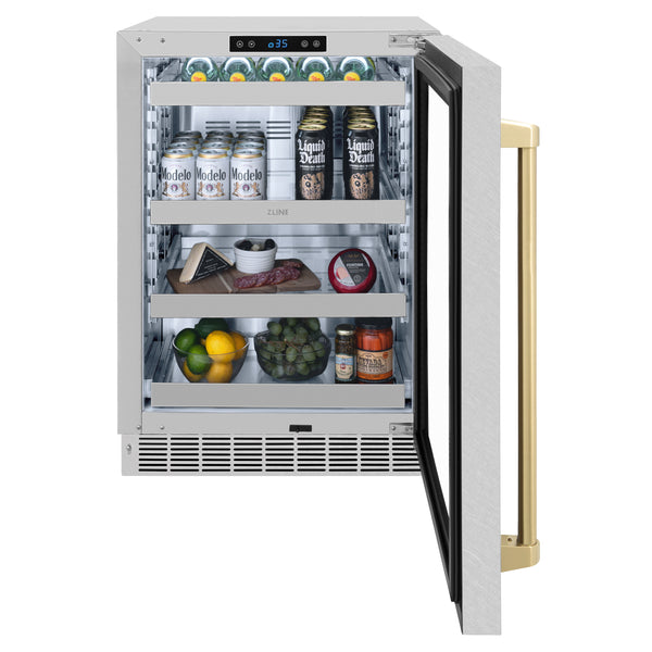 ZLINE Autograph Edition 24 in. Touchstone 151 Can Beverage Fridge With DuraSnow® Stainless Steel Glass Door And Champagne Bronze, Gold or Matte Black Handle - RBSOZ-SN-24