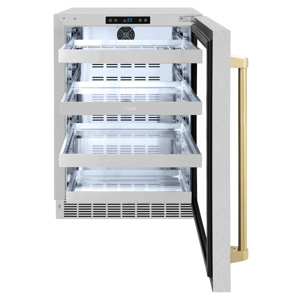 ZLINE Autograph Edition 24 in. Touchstone 151 Can Beverage Fridge With DuraSnow® Stainless Steel Glass Door And Champagne Bronze, Gold or Matte Black Handle - RBSOZ-SN-24