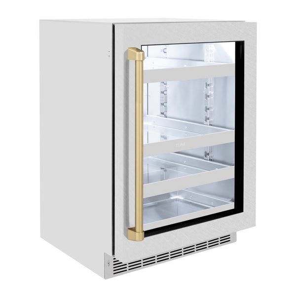 ZLINE Autograph Edition 24 in. Touchstone 151 Can Beverage Fridge With DuraSnow® Stainless Steel Glass Door And Champagne Bronze, Gold or Matte Black Handle - RBSOZ-SN-24