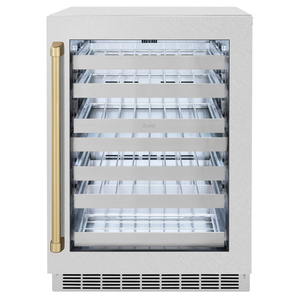 ZLINE Autograph Edition 24 in. Touchstone Dual Zone 44 Bottle Wine Cooler With DuraSnow® Stainless Steel Glass Door And Champagne Bronze,Gold or Matte Black Handle - RWDOZ-SN-24