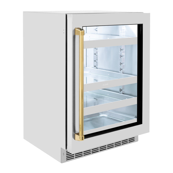 ZLINE 24 In. Touchstone Beverage Fridge with Stainless Steel Glass Door and Polished Gold Handle (RBSOZ-GS-24-G)