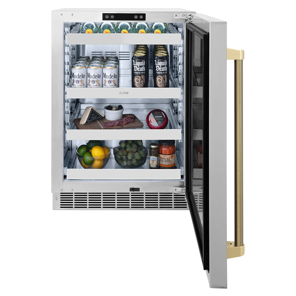ZLINE Autograph Edition 24 in. Touchstone 151 Can Beverage Fridge with Solid Stainless Steel Door and Champagne Bronze Helix Handle (RBSOZ-ST-24-KCB)