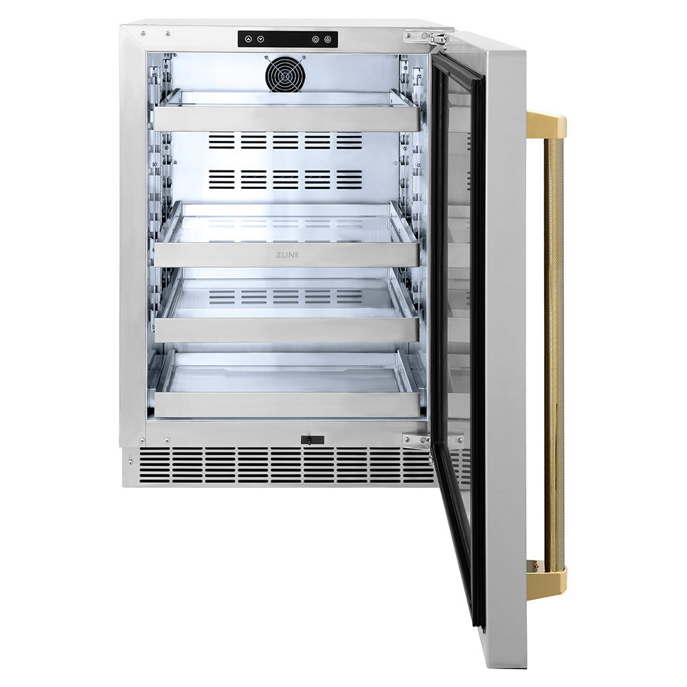 ZLINE Autograph Edition 24 in. Touchstone 151 Can Beverage Fridge with Solid Stainless Steel Door and Polished Gold Helix Handle (RBSOZ-ST-24-KG)