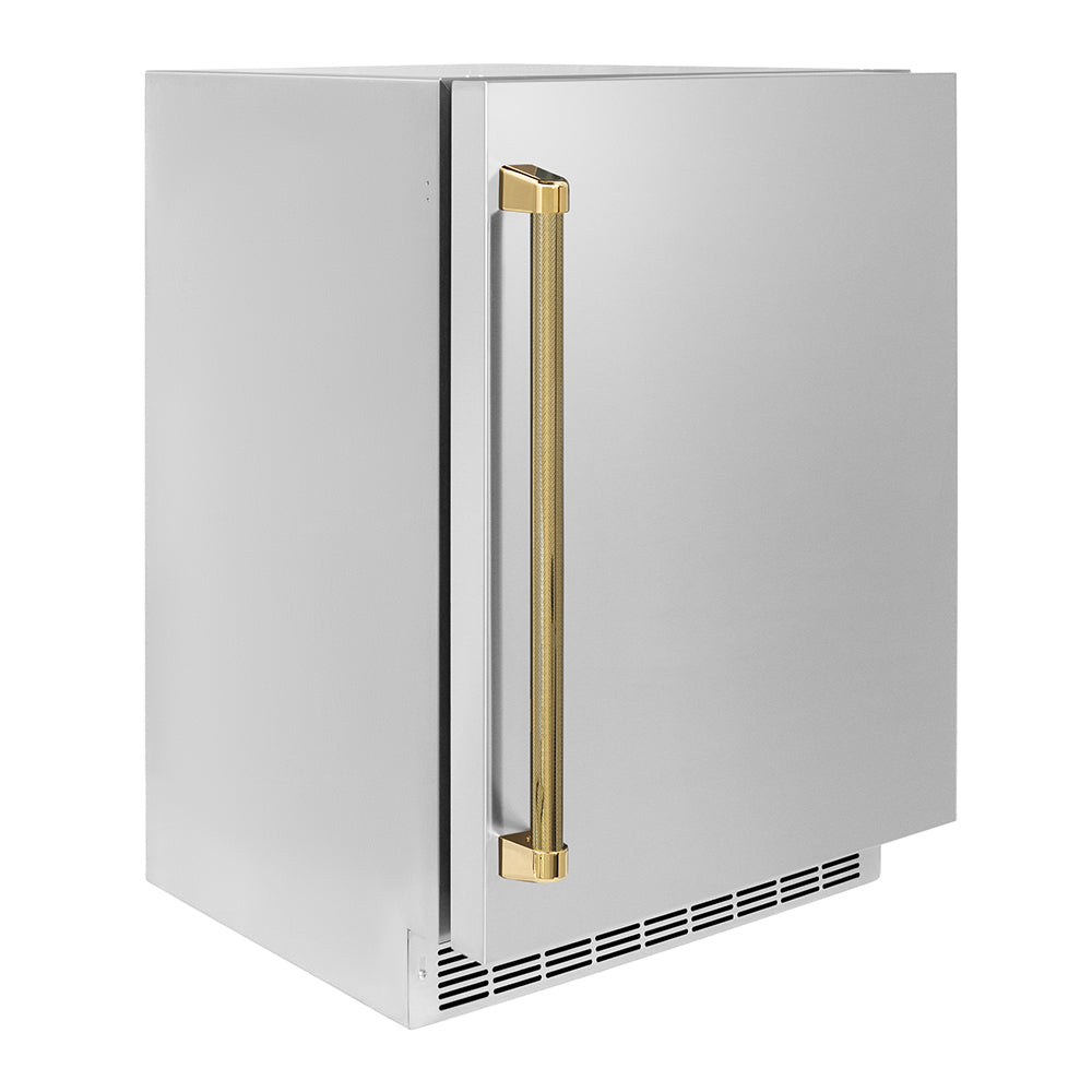 ZLINE Autograph Edition 24 in. Touchstone 151 Can Beverage Fridge with Solid Stainless Steel Door and Polished Gold Helix Handle (RBSOZ-ST-24-KG)