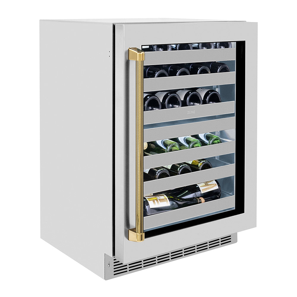 ZLINE Autograph Edition 24 in. Touchstone Dual Zone 44 Bottle Wine Cooler with Stainless Steel Glass Door and Polished Gold Helix Handle (RWDOZS-24-KG)
