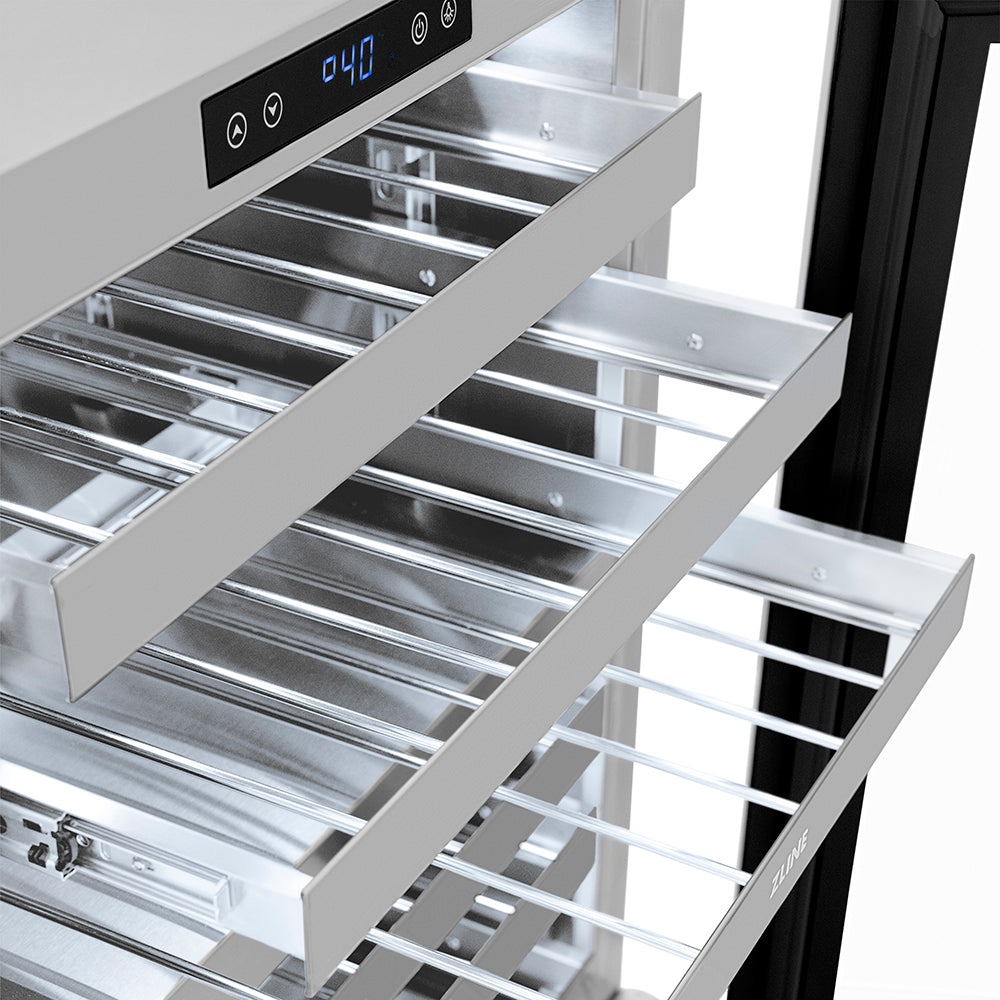 ZLINE Autograph Edition 24 in. Touchstone Dual Zone 44 Bottle Wine Cooler with Stainless Steel Glass Door and Polished Nickel Helix Handle (RWDOZS-24-KPN)