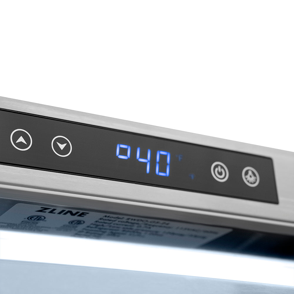 ZLINE Autograph Edition 24 in. Touchstone Dual Zone 44 Bottle Wine Cooler with Stainless Steel Glass Door and Polished Nickel Helix Handle (RWDOZS-24-KPN)