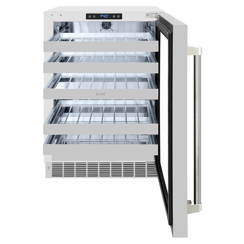 ZLINE Autograph Edition 24 in. Touchstone Dual Zone 44 Bottle Wine Cooler with Stainless Steel Glass Door and Polished Nickel Helix Handle (RWDOZS-24-KPN)
