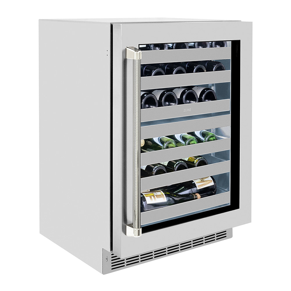 ZLINE Autograph Edition 24 in. Touchstone Dual Zone 44 Bottle Wine Cooler with Stainless Steel Glass Door and Polished Nickel Helix Handle (RWDOZS-24-KPN)