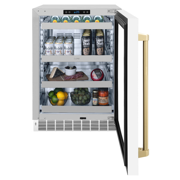 ZLINE Autograph Edition 24 in. Touchstone 151 Can Beverage Fridge With White Matte Glass Door And Accent Handle - RBSOZ-WM-24
