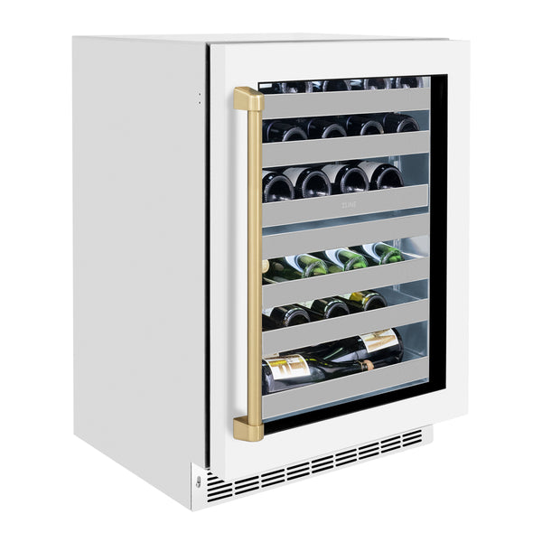 ZLINE Autograph Edition 24 in. Touchstone Dual Zone 44 Bottle Wine Cooler With White Matte Glass Door And Champagne Bronze,Gold or Matte Black Handle - RWDOZ-WM-24