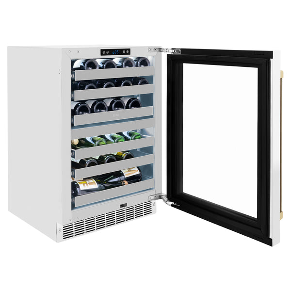 ZLINE Autograph Edition 24 in. Touchstone Dual Zone 44 Bottle Wine Cooler With White Matte Glass Door And Champagne Bronze,Gold or Matte Black Handle - RWDOZ-WM-24