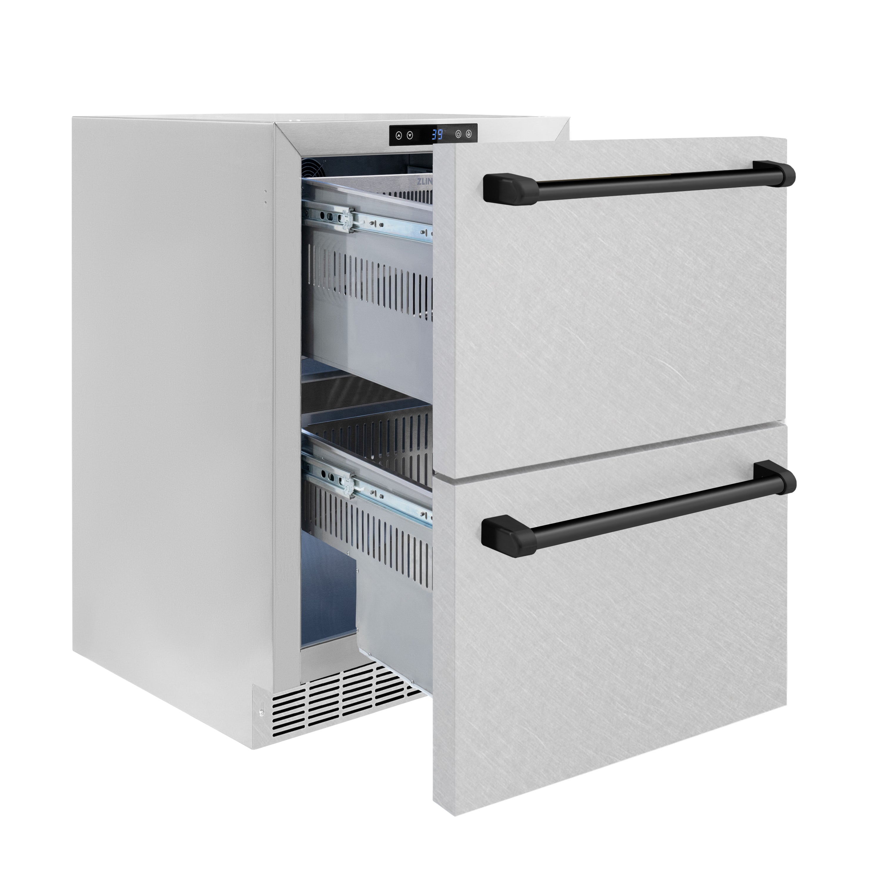 ZLINE Autograph Edition 24 in. Touchstone 168 Can Outdoor-Rated Dual Refrigerator Drawer with Satin Stainless Steel Doors and Matte Black Handles (RDSOZ-SN-24-MB)