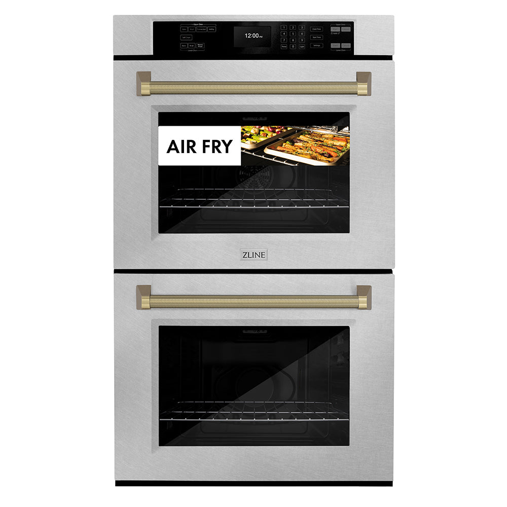 ZLINE Autograph Edition 30 in. Professional True Convection Double Wall Oven with Air Fry and Self Clean in Satin Stainless Steel with Champagne Bronze Helix Handles (WADSZ-30-KCB)
