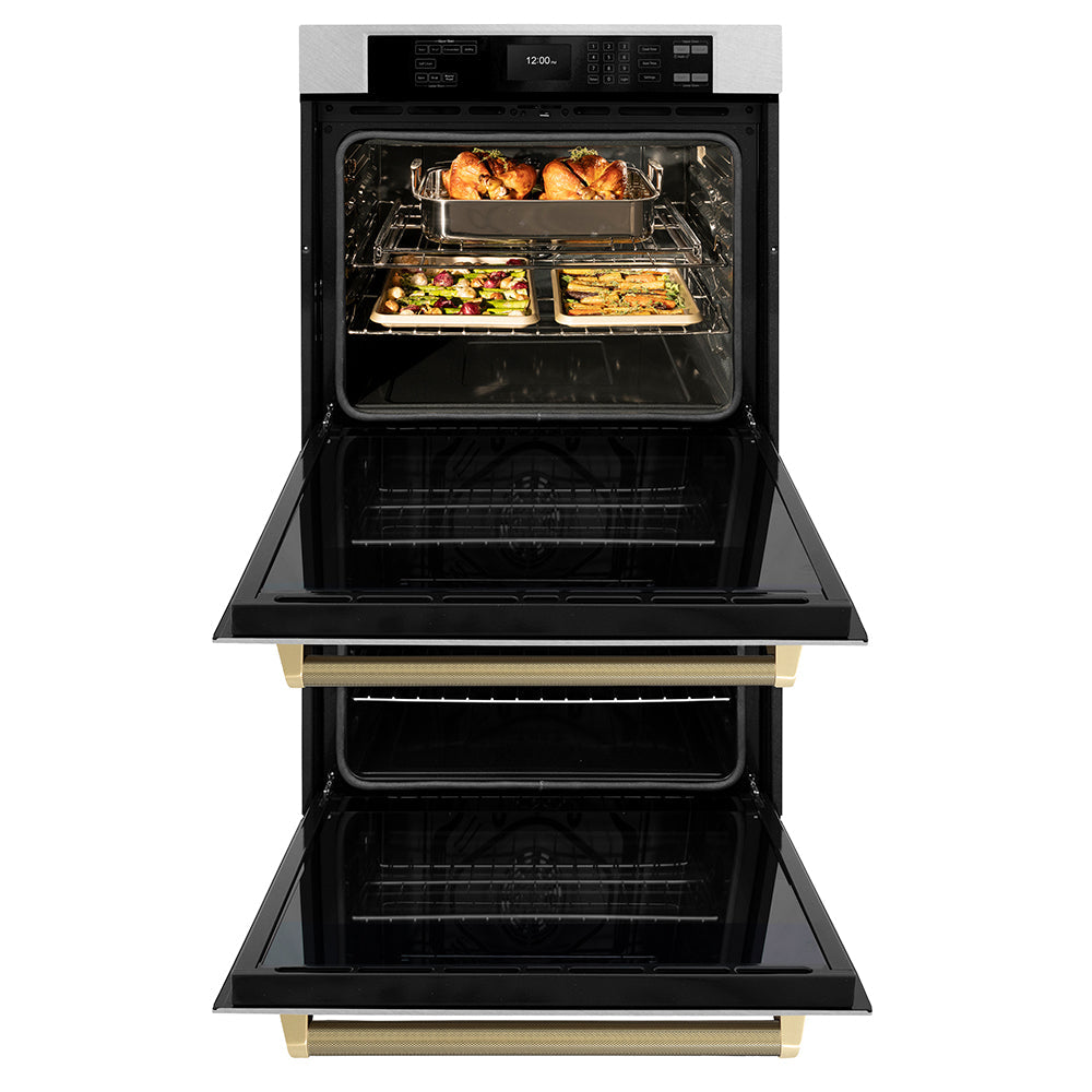 ZLINE Autograph Edition 30 in. Professional True Convection Double Wall Oven with Air Fry and Self Clean in Satin Stainless Steel with Champagne Bronze Helix Handles (WADSZ-30-KCB)