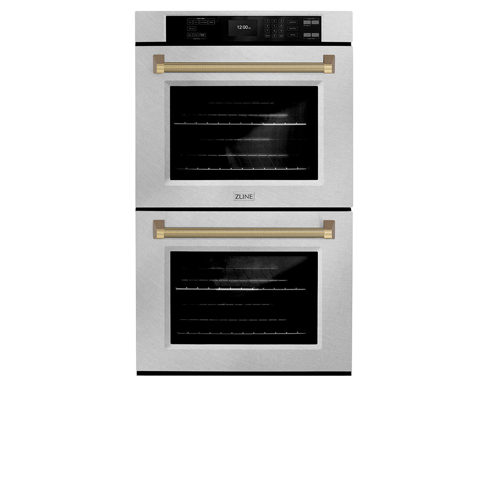 ZLINE Autograph Edition 30 in. Professional True Convection Double Wall Oven with Air Fry and Self Clean in Satin Stainless Steel with Champagne Bronze Helix Handles (WADSZ-30-KCB)