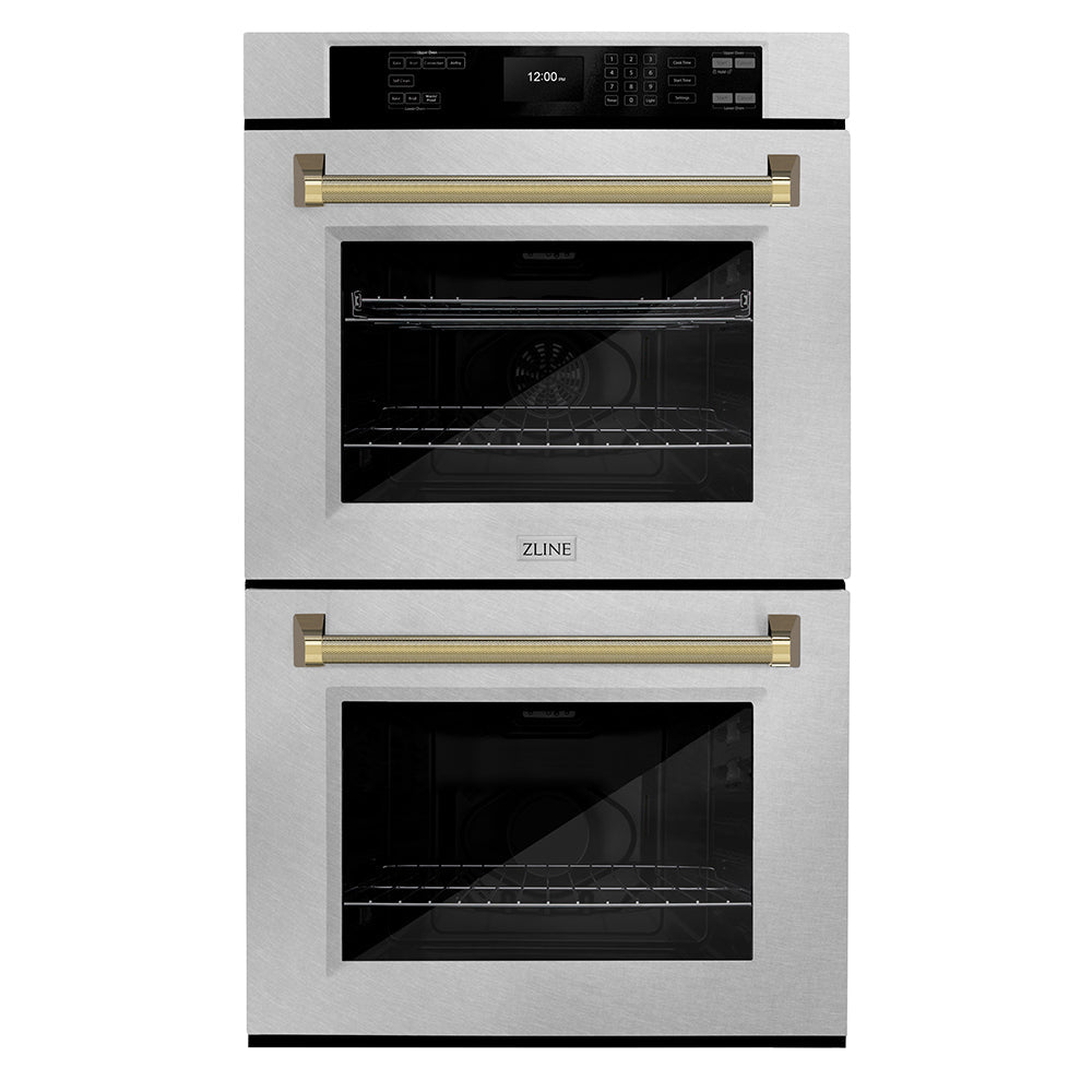 ZLINE Autograph Edition 30 in. Professional True Convection Double Wall Oven with Air Fry and Self Clean in Satin Stainless Steel with Polished Gold Helix Handles (WADSZ-30-KG)