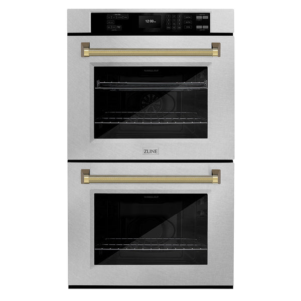 ZLINE Autograph Edition 30 in. Professional True Convection Double Wall Oven with Air Fry and Self Clean in Satin Stainless Steel with Polished Gold Helix Handles (WADSZ-30-KG)