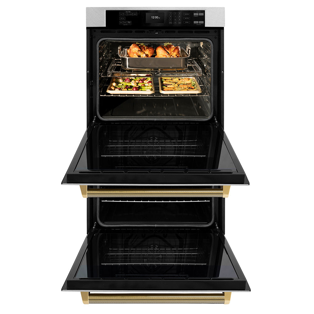 ZLINE Autograph Edition 30 in. Professional True Convection Double Wall Oven with Air Fry and Self Clean in Satin Stainless Steel with Polished Gold Helix Handles (WADSZ-30-KG)