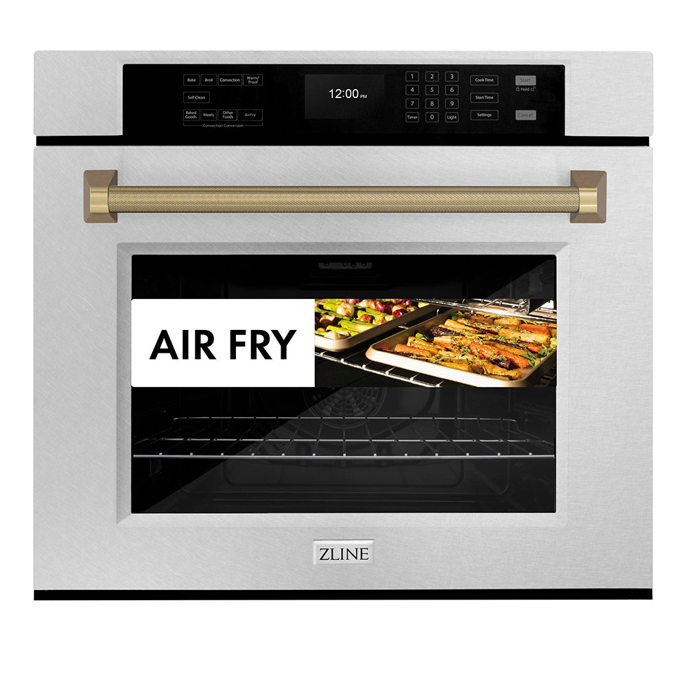 ZLINE Autograph Edition 30 in. Professional True Convection Single Wall Oven with Air Fry and Self Clean in Satin Stainless Steel with Champagne Bronze Helix Handle (WASSZ-30-KCB)