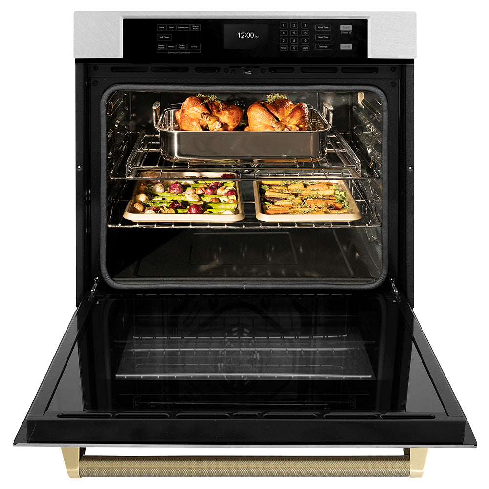 ZLINE Autograph Edition 30 in. Professional True Convection Single Wall Oven with Air Fry and Self Clean in Satin Stainless Steel with Champagne Bronze Helix Handle (WASSZ-30-KCB)