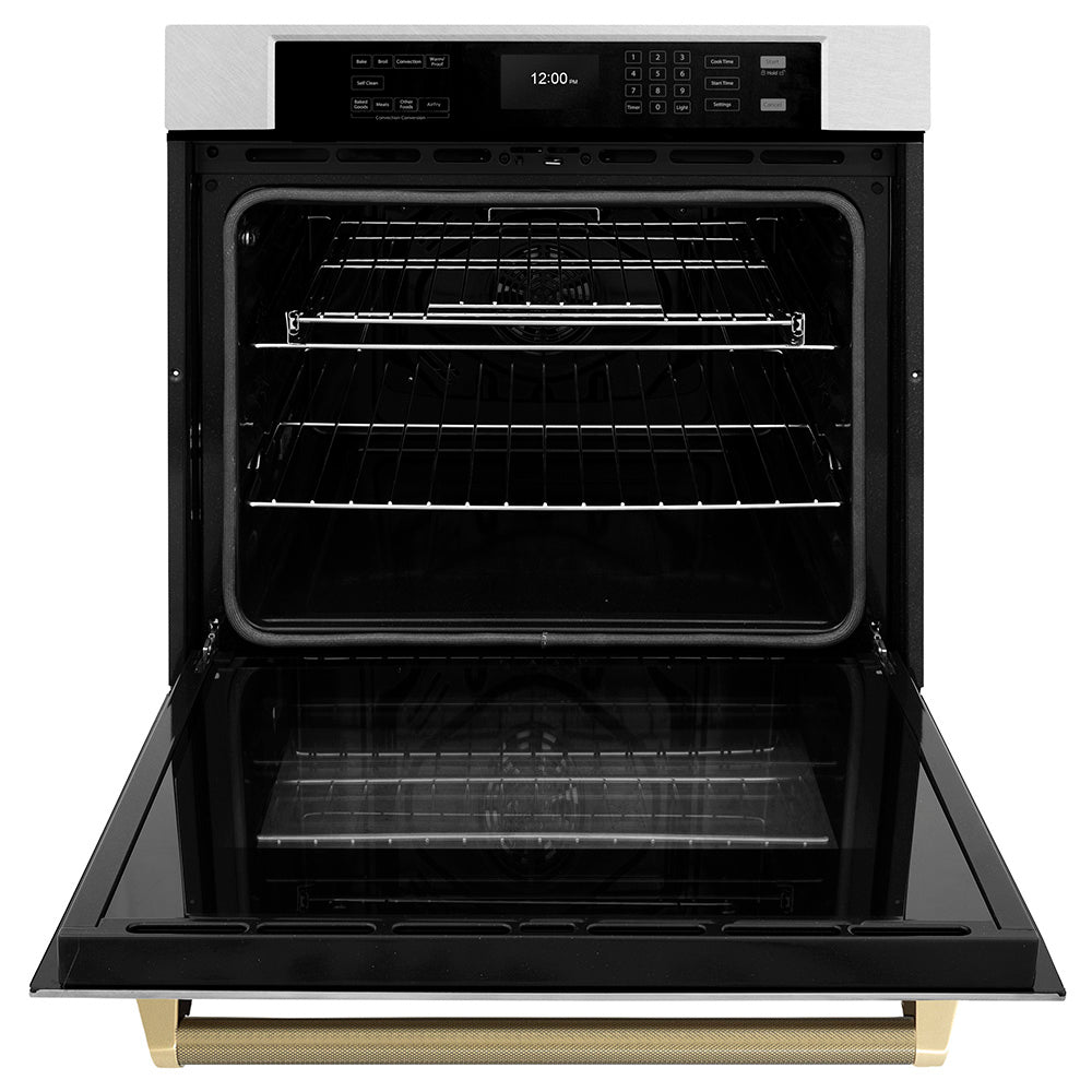 ZLINE Autograph Edition 30 in. Professional True Convection Single Wall Oven with Air Fry and Self Clean in Satin Stainless Steel with Champagne Bronze Helix Handle (WASSZ-30-KCB)