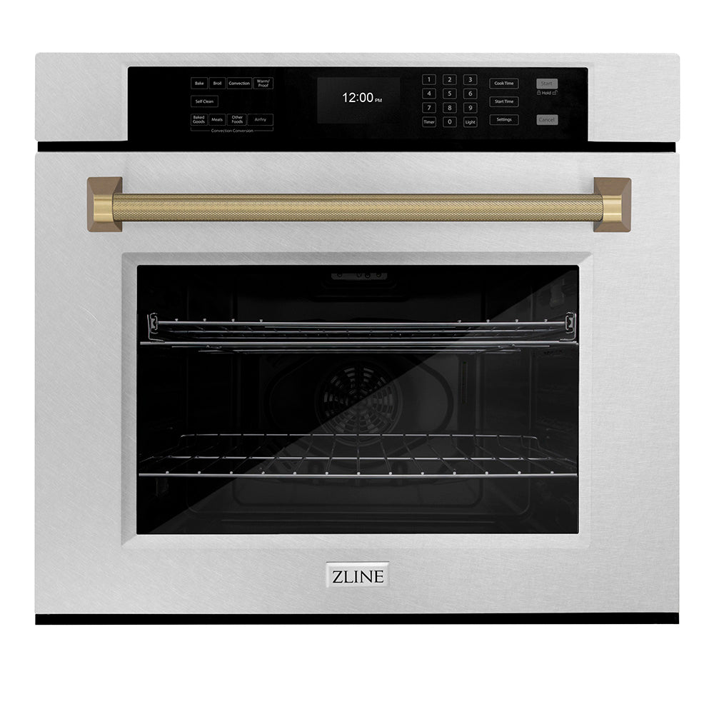 ZLINE Autograph Edition 30 in. Professional True Convection Single Wall Oven with Air Fry and Self Clean in Satin Stainless Steel with Champagne Bronze Helix Handle (WASSZ-30-KCB)