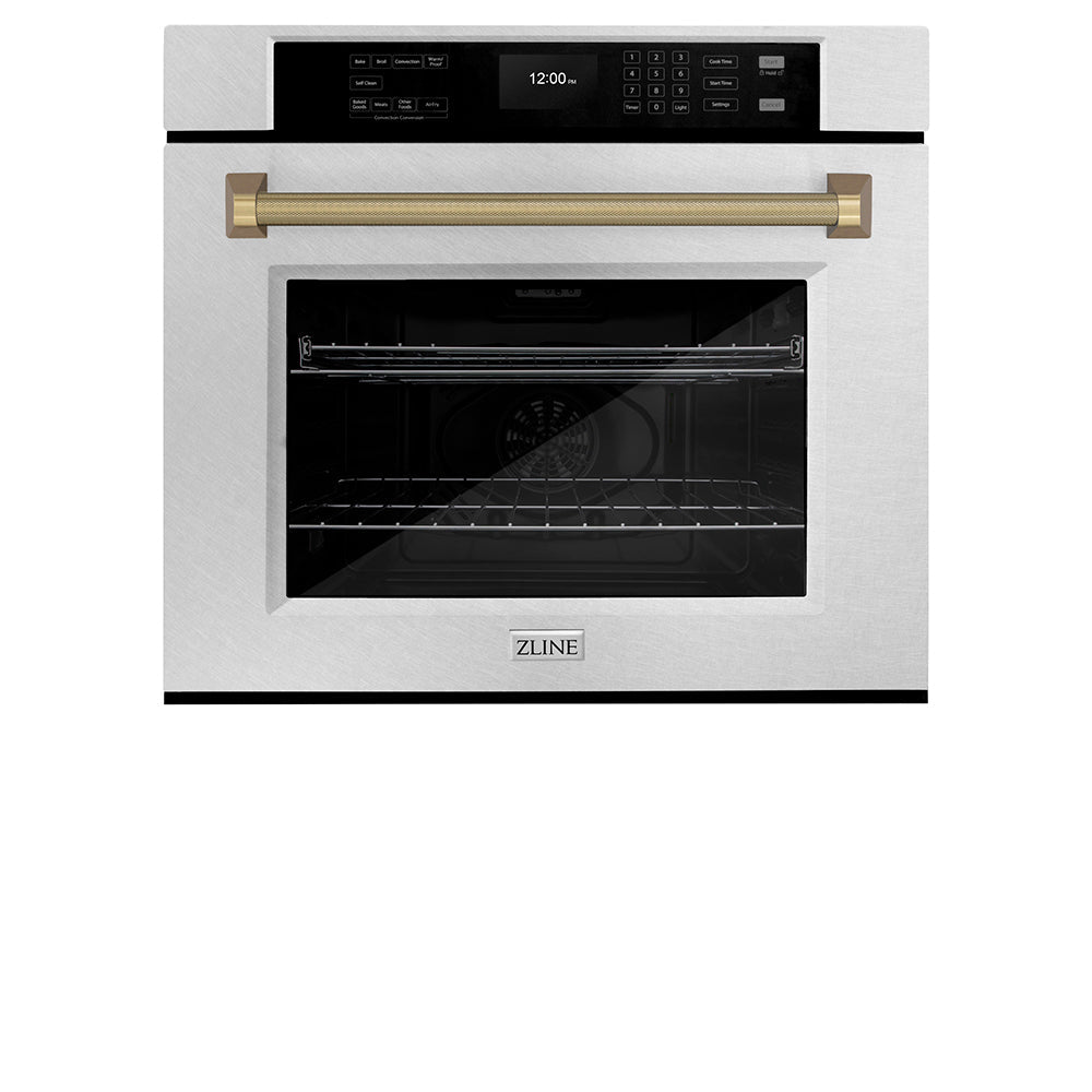 ZLINE Autograph Edition 30 in. Professional True Convection Single Wall Oven with Air Fry and Self Clean in Satin Stainless Steel with Champagne Bronze Helix Handle (WASSZ-30-KCB)