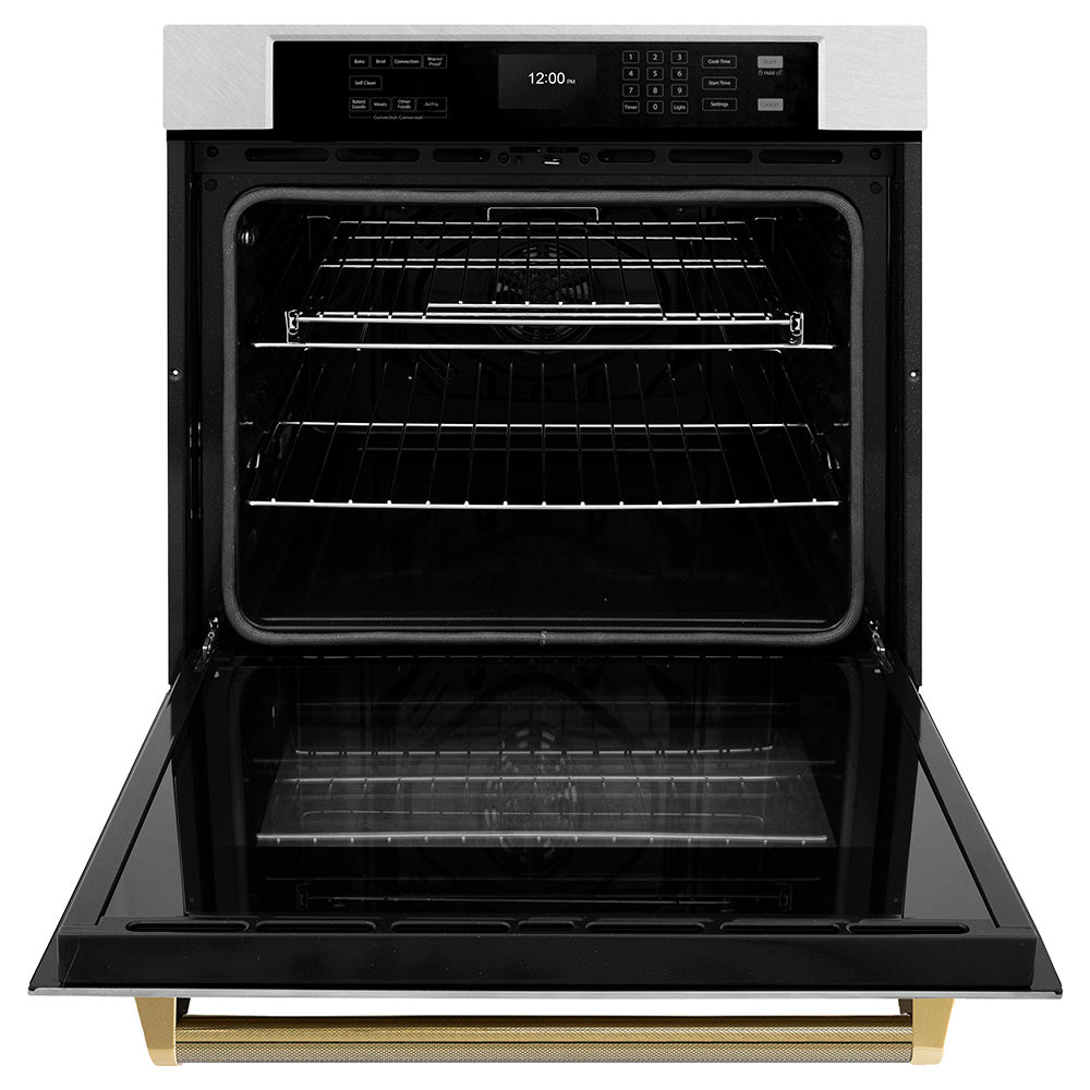 ZLINE Autograph Edition 30 in. Professional True Convection Single Wall Oven with Air Fry and Self Clean in Satin Stainless Steel with Polished Gold Helix Handle (WASSZ-30-KG)