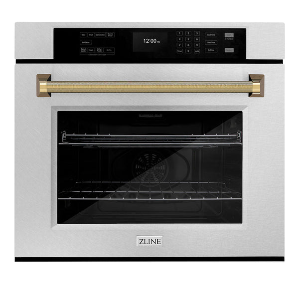ZLINE Autograph Edition 30 in. Professional True Convection Single Wall Oven with Air Fry and Self Clean in Satin Stainless Steel with Polished Gold Helix Handle (WASSZ-30-KG)